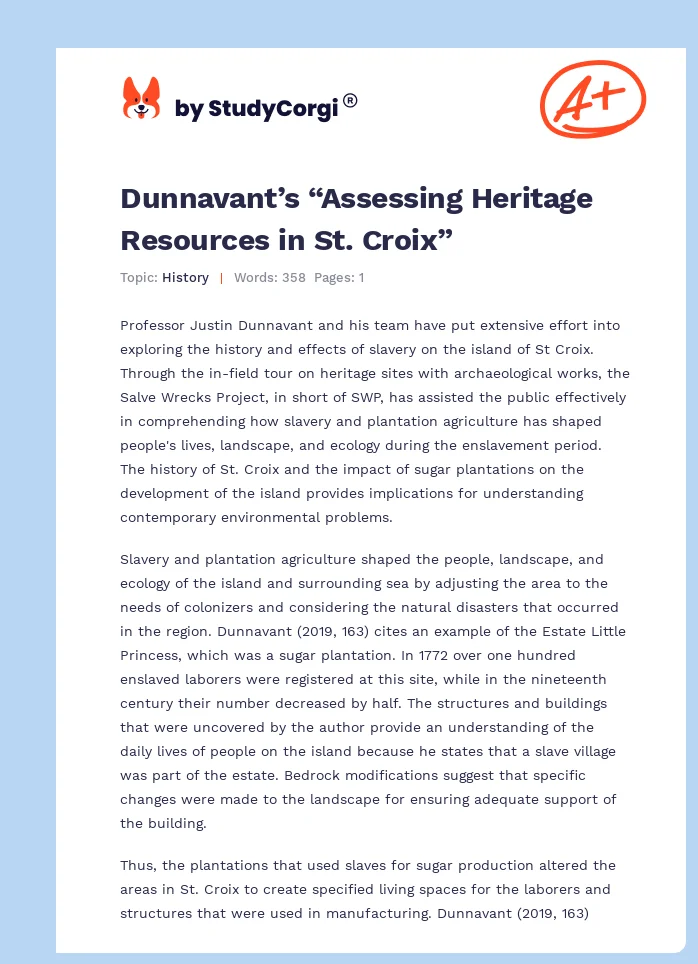 Dunnavant’s “Assessing Heritage Resources in St. Croix”. Page 1