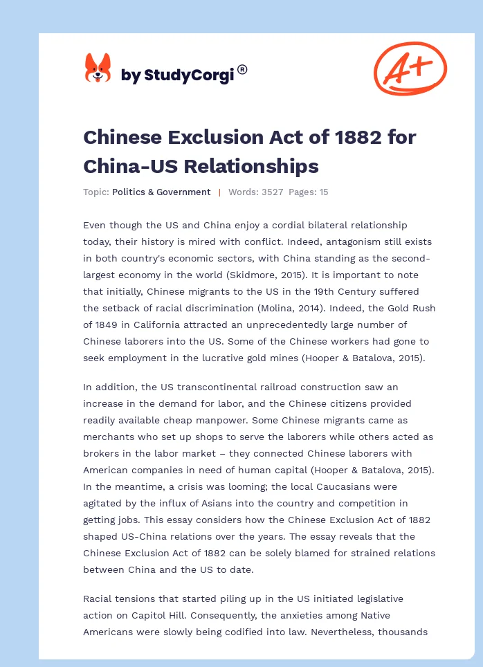Chinese Exclusion Act of 1882 for China-US Relationships. Page 1