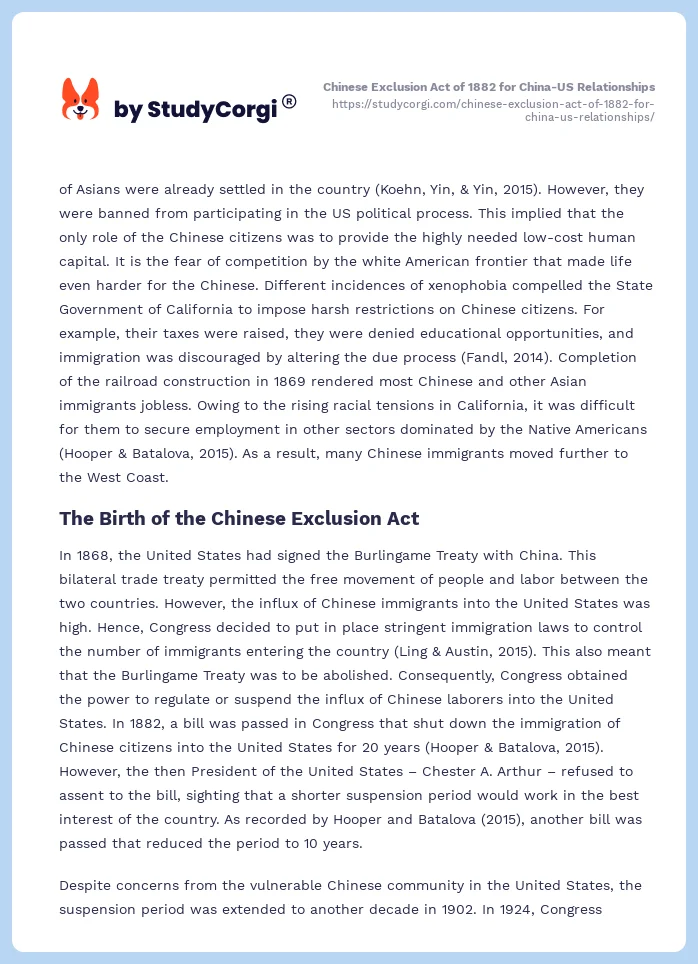 Chinese Exclusion Act of 1882 for China-US Relationships. Page 2