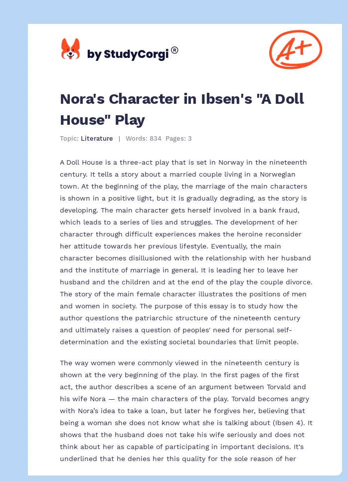 Nora's Character in Ibsen's "A Doll House" Play. Page 1