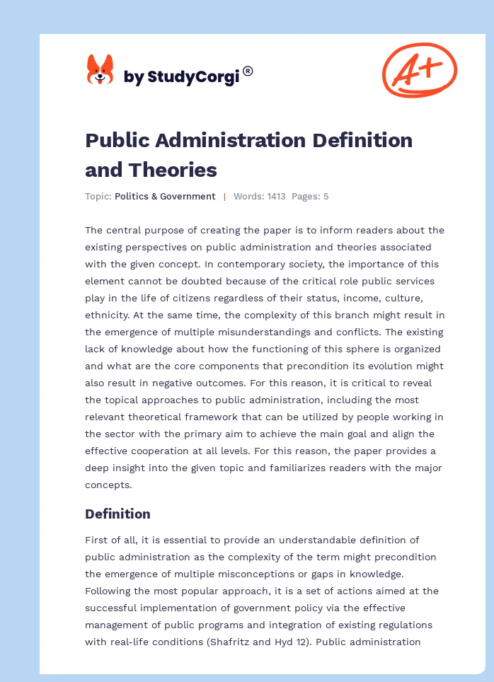 Public Administration Definition and Theories. Page 1