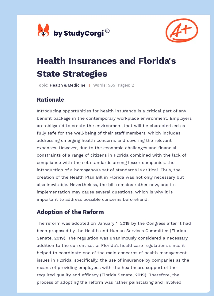 Health Insurances and Florida's State Strategies. Page 1