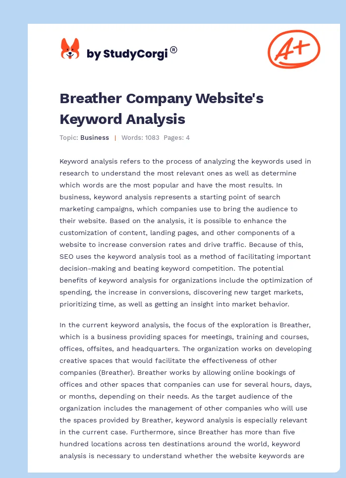 Breather Company Website's Keyword Analysis. Page 1