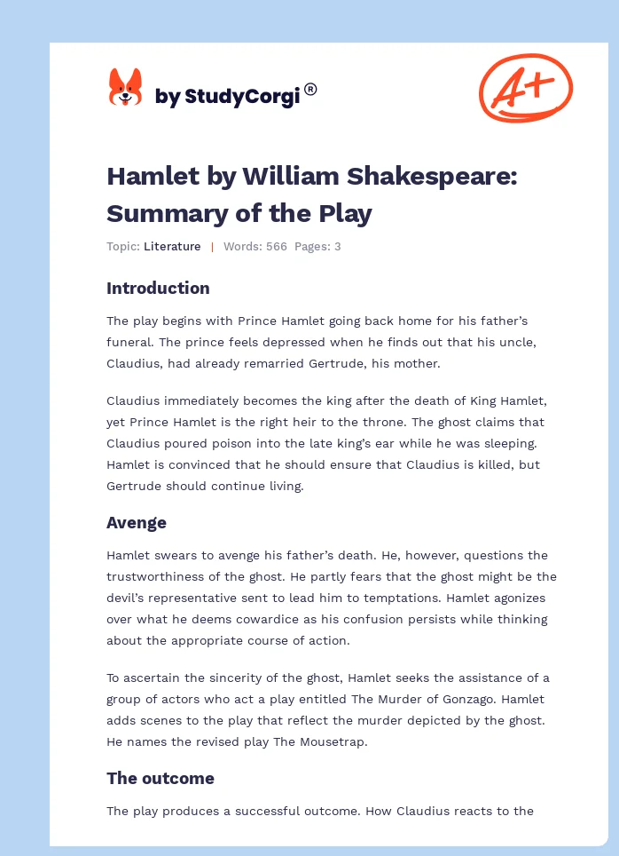 Hamlet by William Shakespeare: Summary of the Play. Page 1