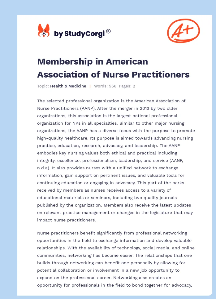 Membership in American Association of Nurse Practitioners. Page 1