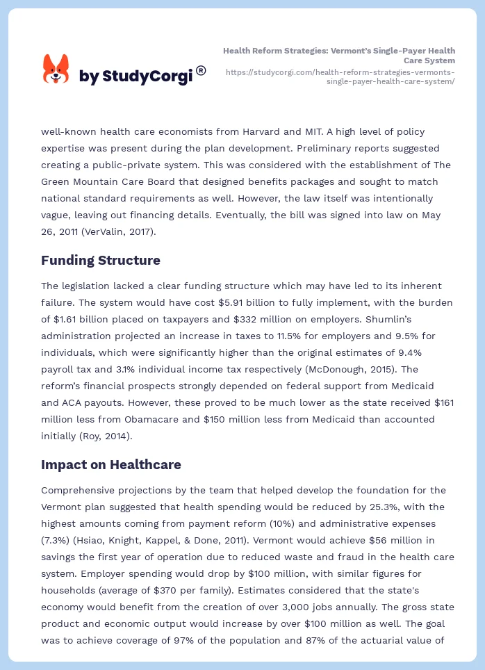 Health Reform Strategies: Vermont’s Single-Payer Health Care System. Page 2
