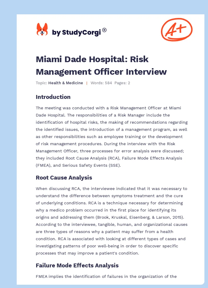 Miami Dade Hospital: Risk Management Officer Interview. Page 1