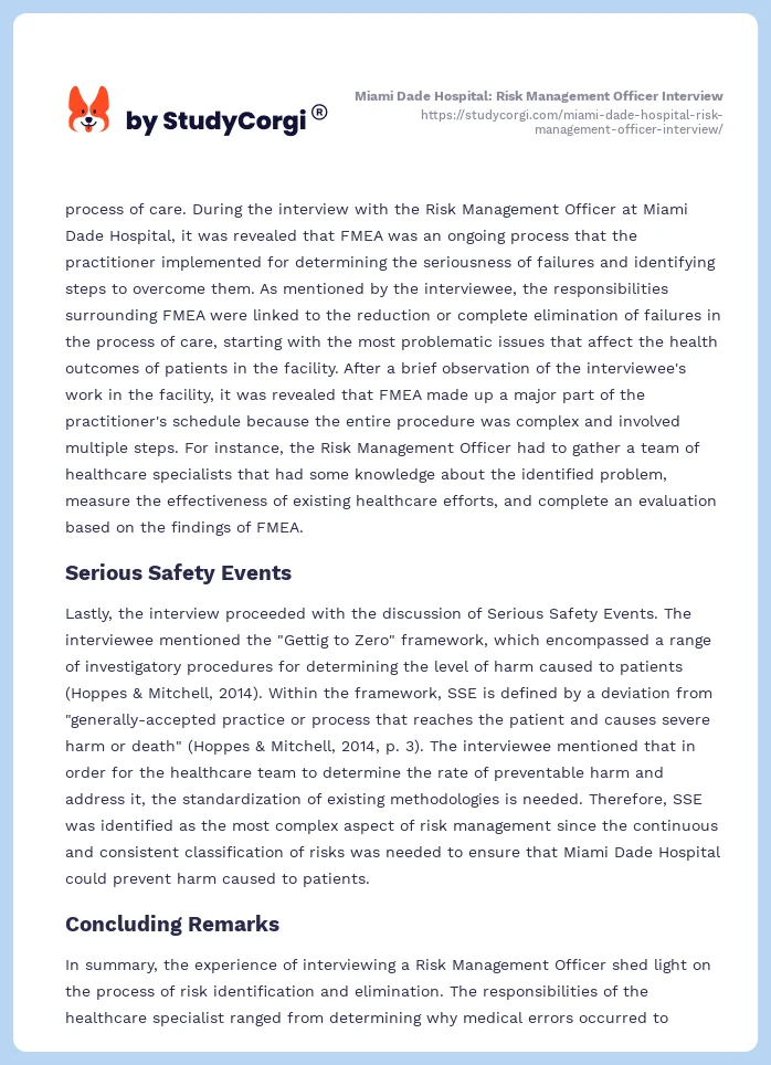 Miami Dade Hospital: Risk Management Officer Interview. Page 2
