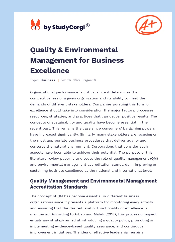 Quality & Environmental Management for Business Excellence. Page 1