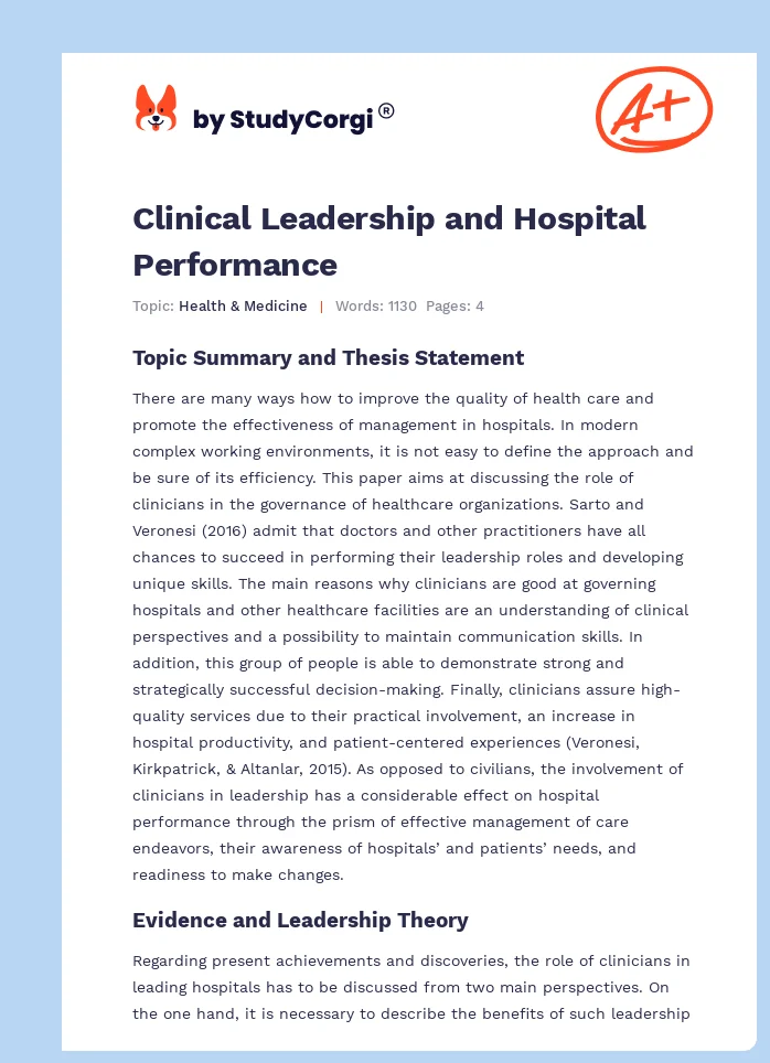 Clinical Leadership and Hospital Performance. Page 1
