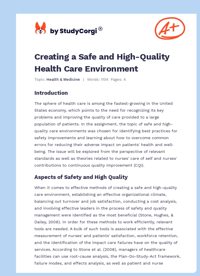 Creating a Safe and High-Quality Health Care Environment. Page 1