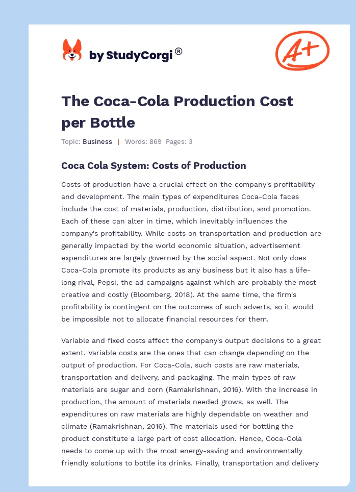 The Coca-Cola Production Cost per Bottle. Page 1