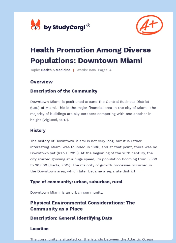 Health Promotion Among Diverse Populations: Downtown Miami. Page 1