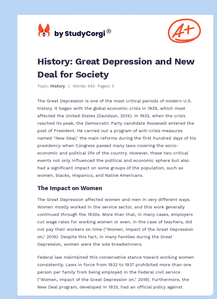 History: Great Depression and New Deal for Society. Page 1