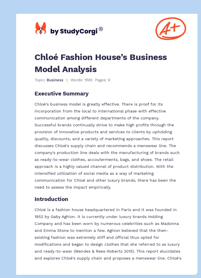 Chloé Fashion House’s Business Model Analysis. Page 1