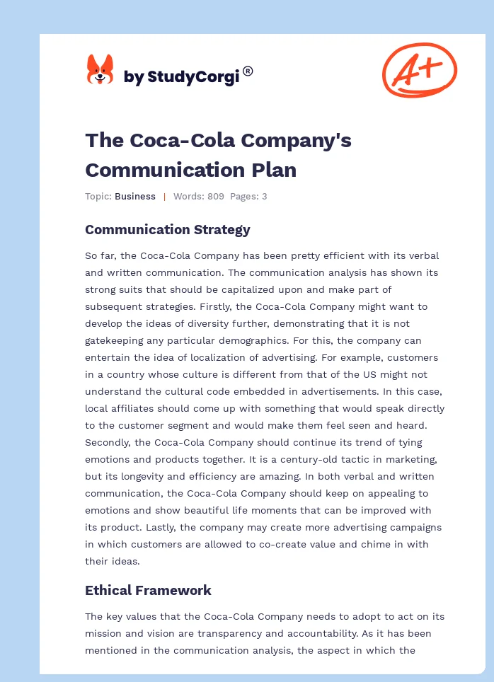 The Coca-Cola Company's Communication Plan. Page 1