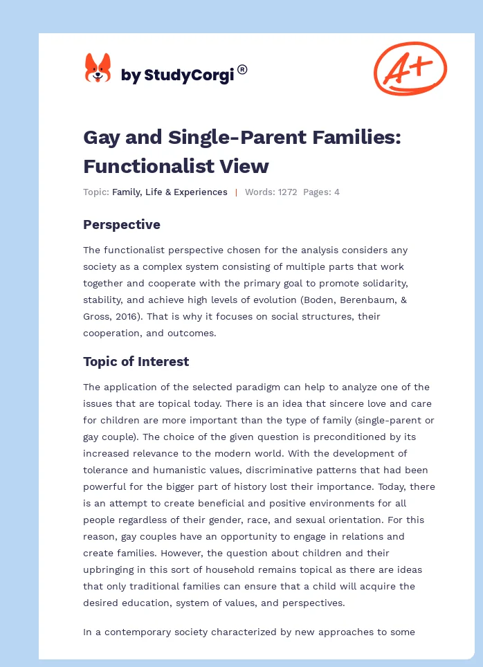 Gay and Single-Parent Families: Functionalist View. Page 1