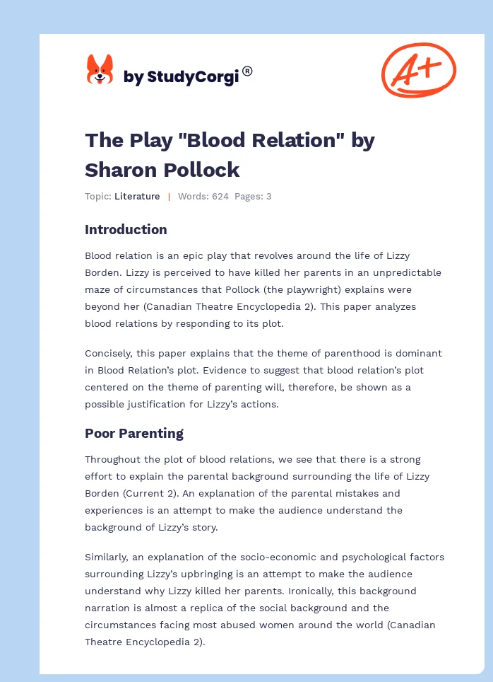 The Play "Blood Relation" by Sharon Pollock. Page 1