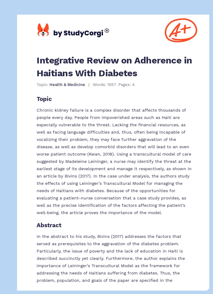 Integrative Review on Adherence in Haitians With Diabetes. Page 1
