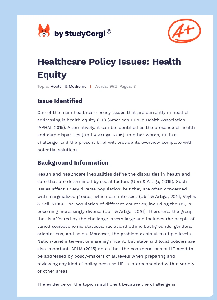 Healthcare Policy Issues: Health Equity. Page 1