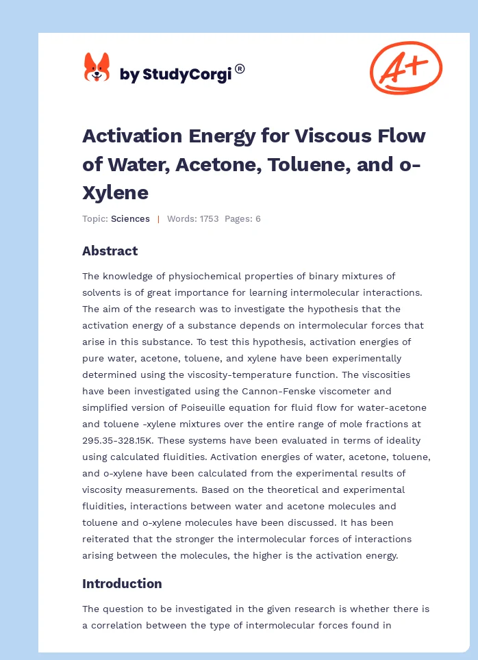 Activation Energy for Viscous Flow of Water, Acetone, Toluene, and o-Xylene. Page 1