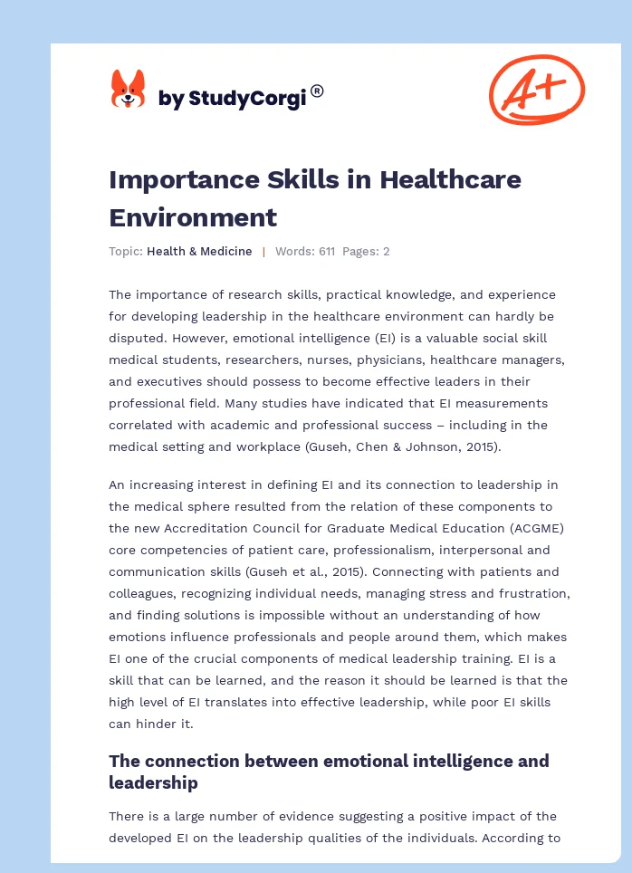 Importance Skills in Healthcare Environment. Page 1