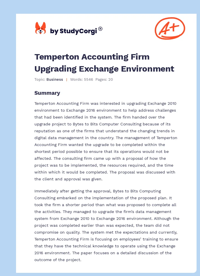 Temperton Accounting Firm Upgrading Exchange Environment. Page 1