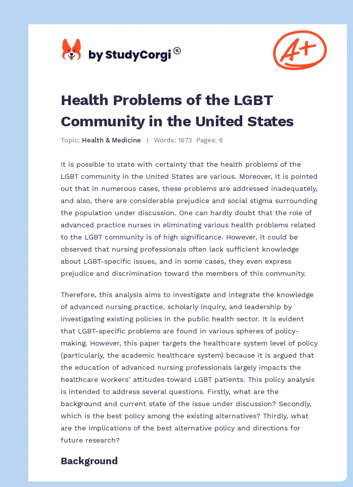 Health Problems of the LGBT Community in the United States. Page 1