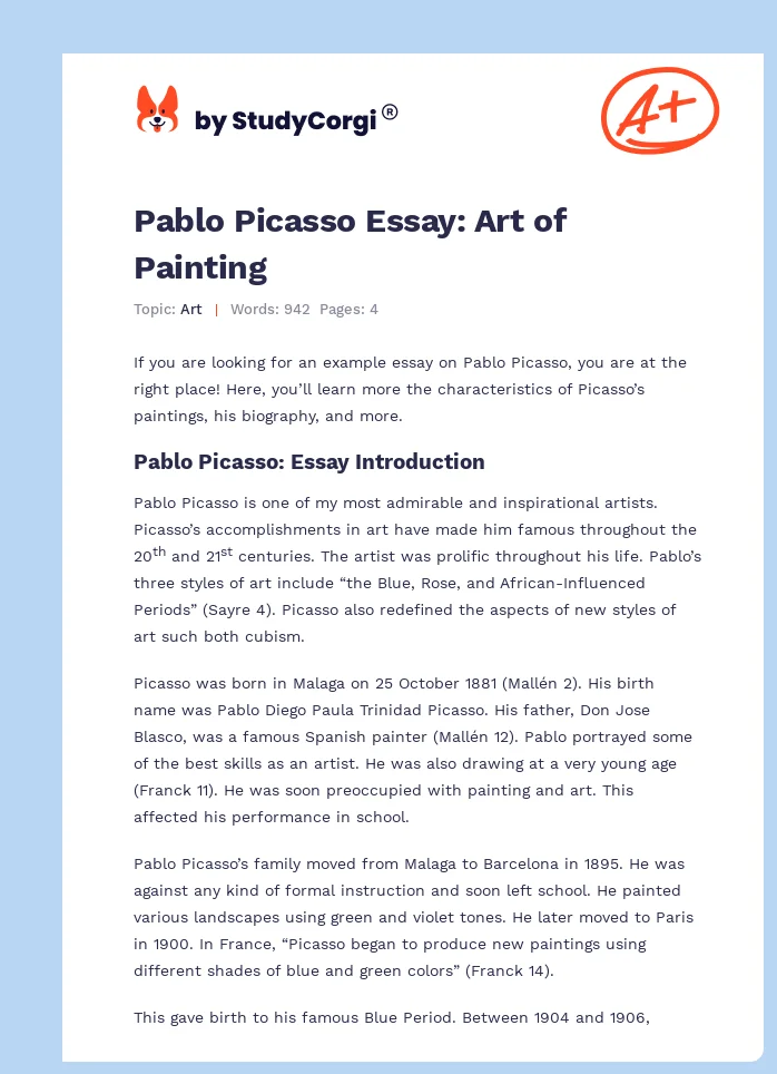 Pablo Picasso Essay: Art of Painting. Page 1