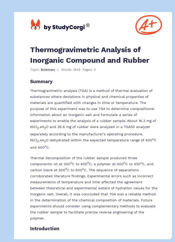 Thermogravimetric Analysis of Inorganic Compound and Rubber. Page 1