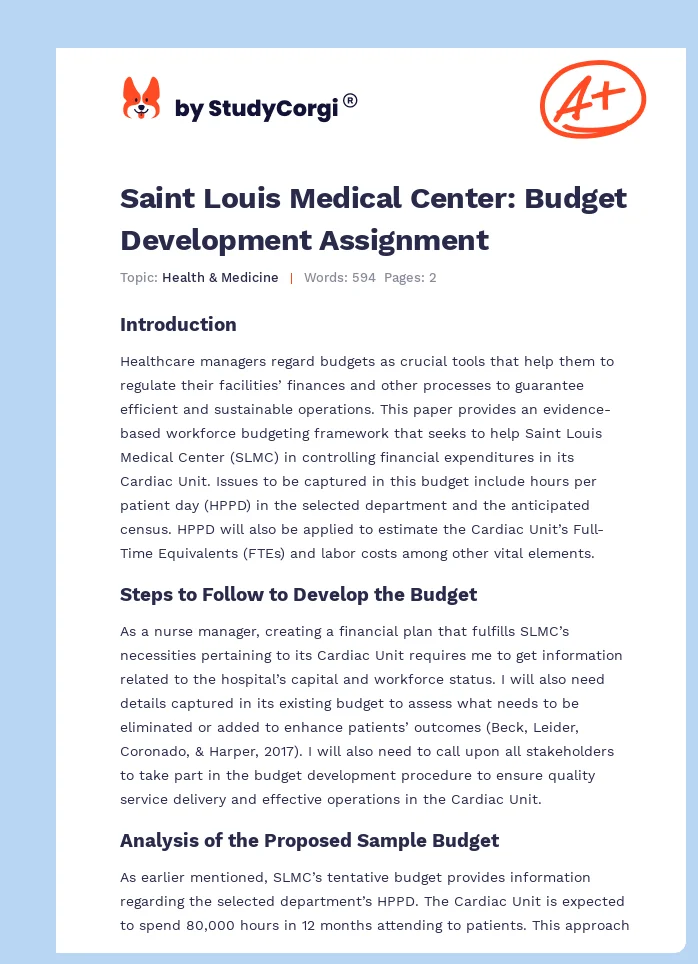 Saint Louis Medical Center: Budget Development Assignment. Page 1