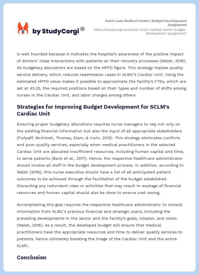 Saint Louis Medical Center: Budget Development Assignment. Page 2
