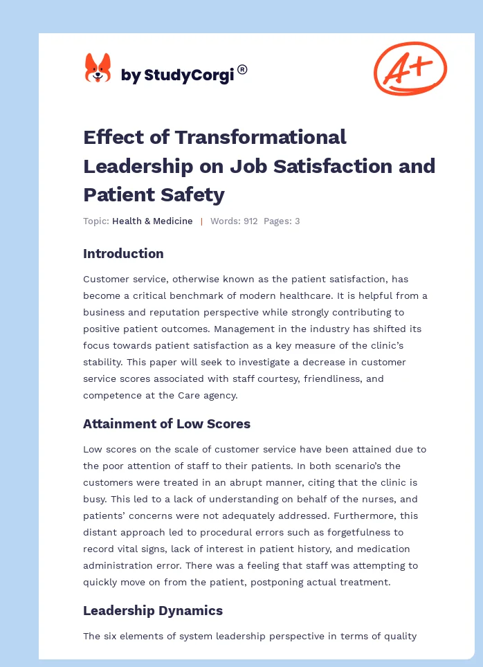 Effect of Transformational Leadership on Job Satisfaction and Patient Safety. Page 1