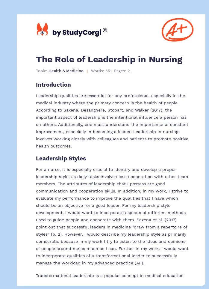 The Role of Leadership in Nursing. Page 1