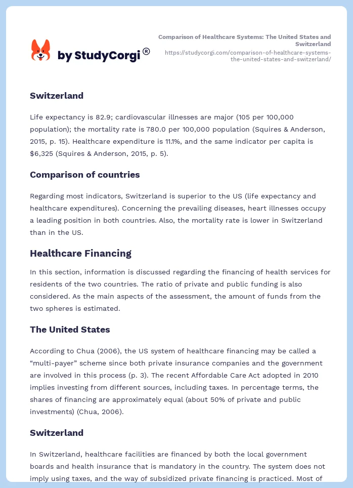 Comparison of Healthcare Systems: The United States and Switzerland. Page 2