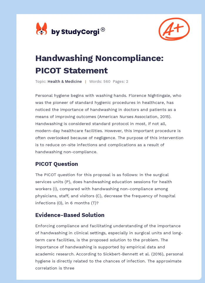 Handwashing Noncompliance: PICOT Statement. Page 1