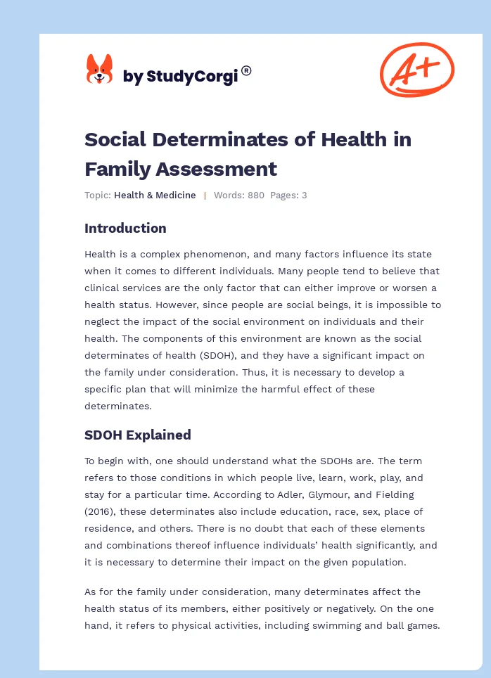 Social Determinates of Health in Family Assessment. Page 1