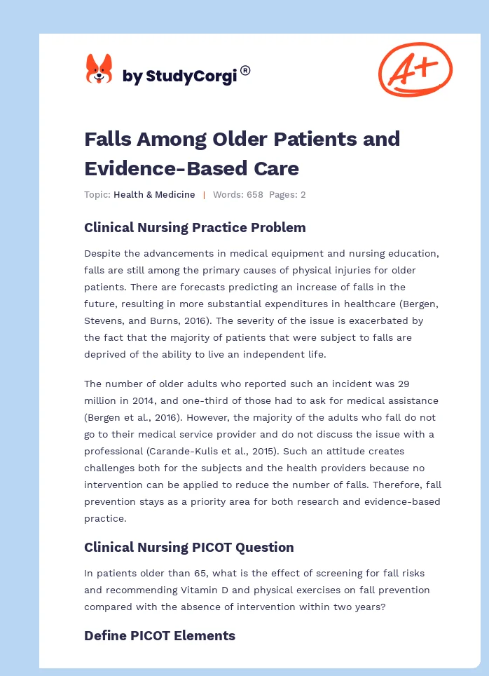 Falls Among Older Patients And Evidence Based Care Free Essay Example
