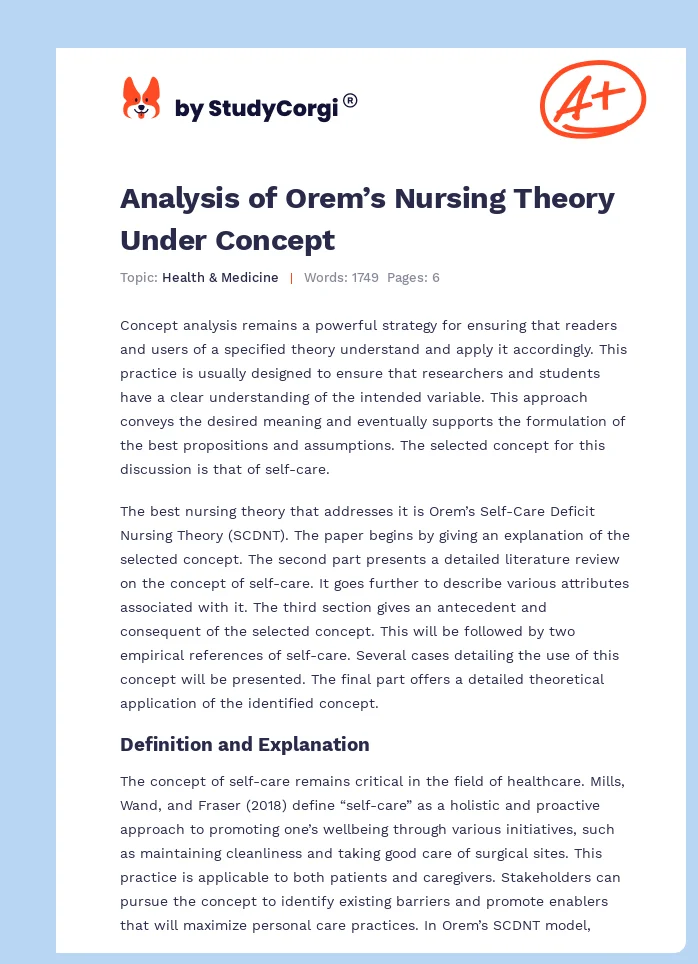 Analysis of Orem’s Nursing Theory Under Concept. Page 1