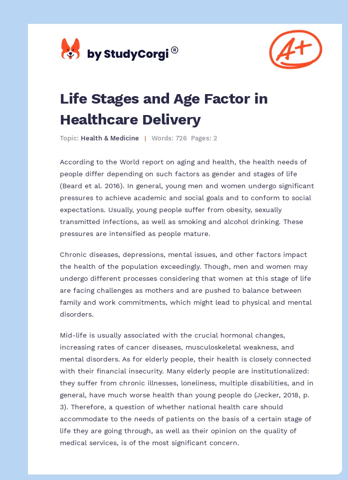 Life Stages and Age Factor in Healthcare Delivery. Page 1