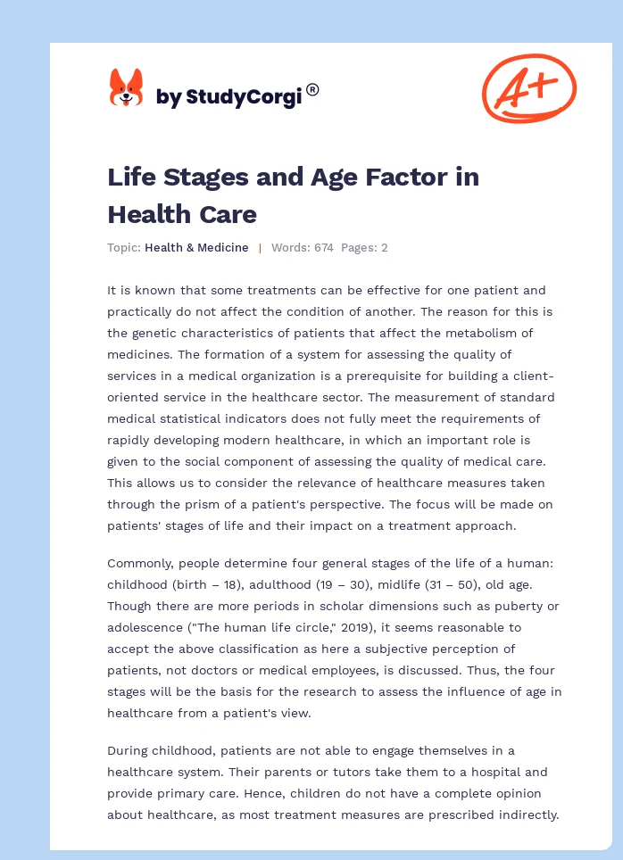 Life Stages and Age Factor in Health Care. Page 1