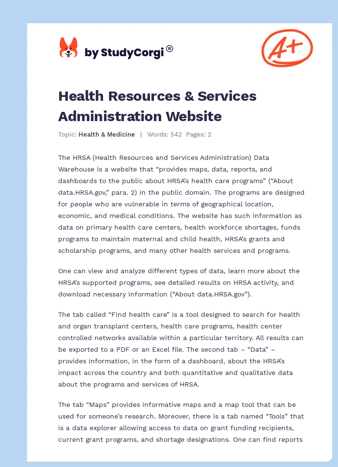 Health Resources & Services Administration Website. Page 1
