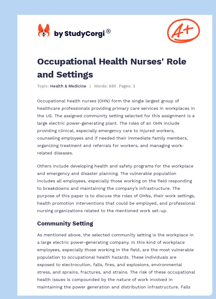 Occupational Health Nurses' Role and Settings. Page 1