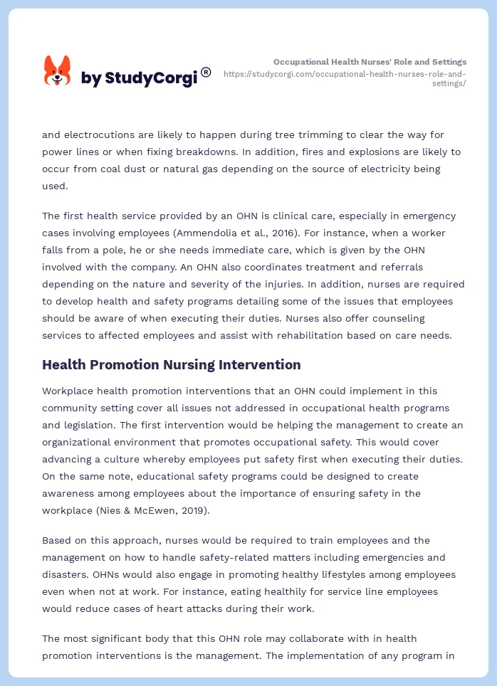 Occupational Health Nurses' Role and Settings. Page 2