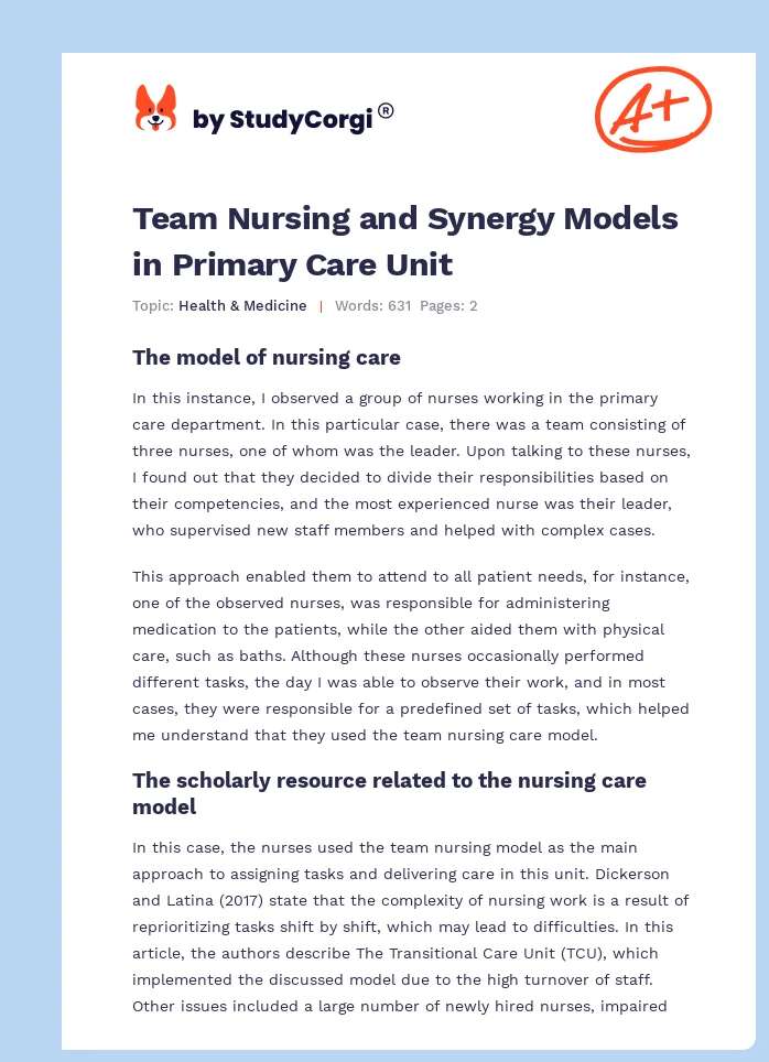 Team Nursing and Synergy Models in Primary Care Unit. Page 1