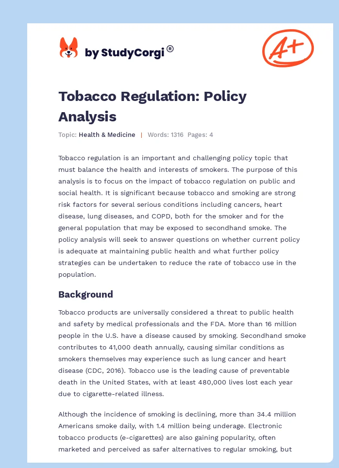 Tobacco Regulation: Policy Analysis. Page 1