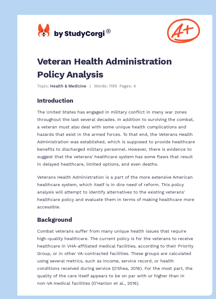 Veteran Health Administration Policy Analysis. Page 1