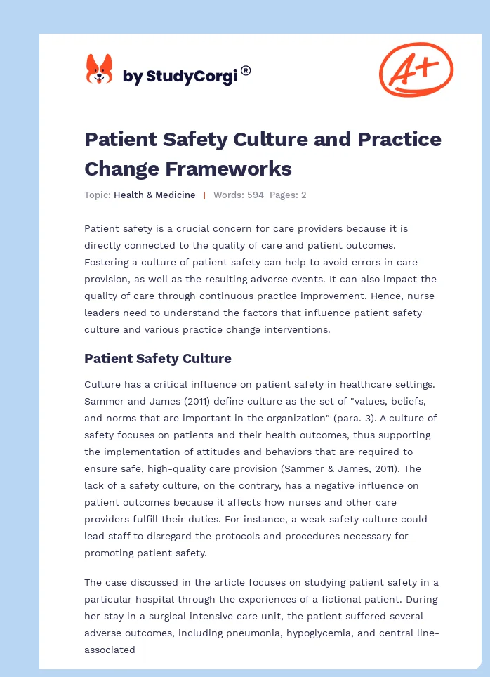 Patient Safety Culture and Practice Change Frameworks. Page 1