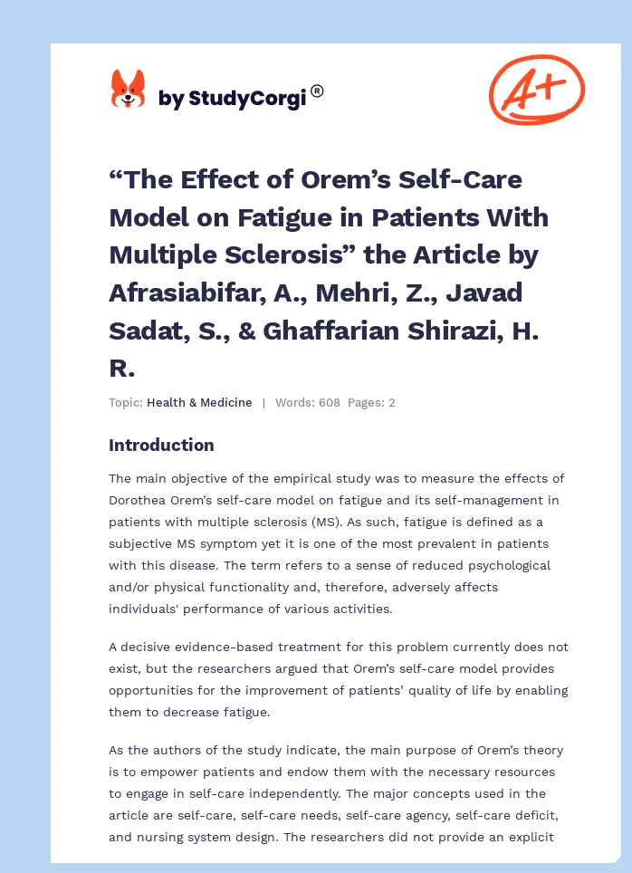 “The Effect of Orem’s Self-Care Model on Fatigue in Patients With Multiple Sclerosis” the Article by Afrasiabifar, A., Mehri, Z., Javad Sadat, S., & Ghaffarian Shirazi, H. R.. Page 1