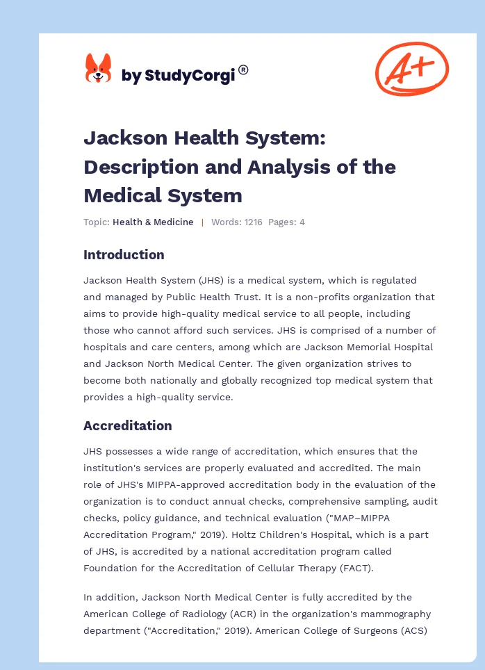 Jackson Health System: Description and Analysis of the Medical System. Page 1